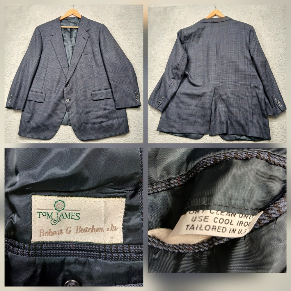 Tom James Blazer Men's 44R Gray Glen Plaid Wool Two Button Tailored USA
